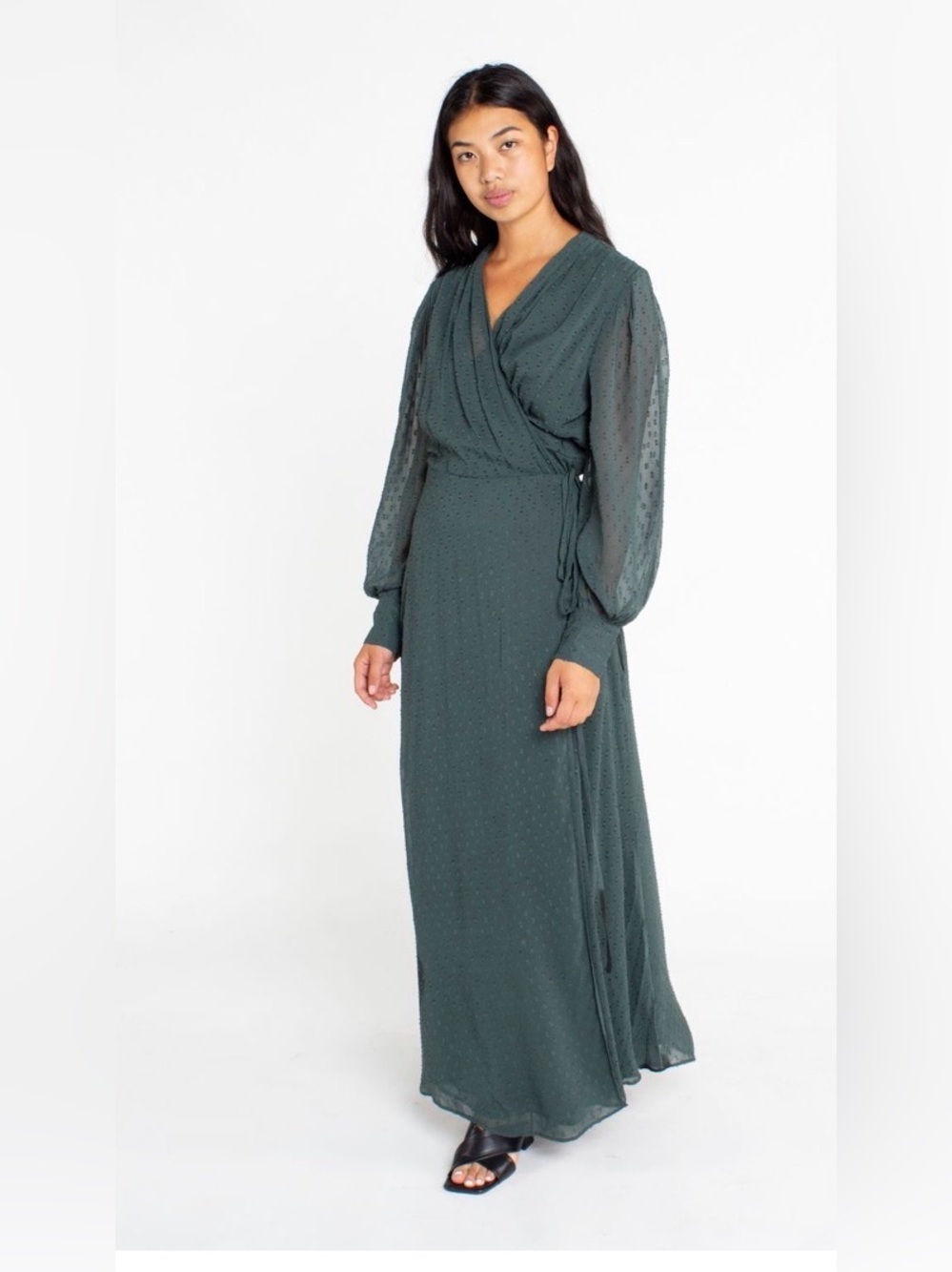Elegant Dark Green Wrap Maxi Dress with Sheer Bishop Sleeves - Picture 1 of 9